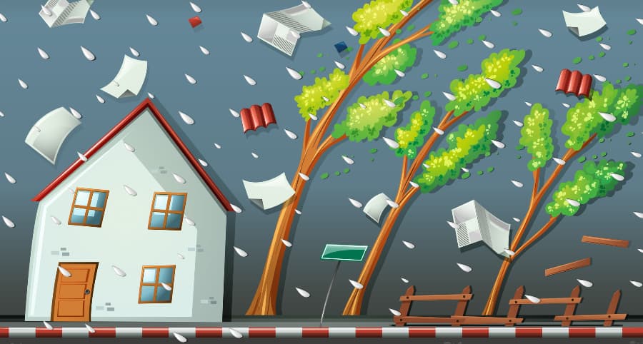 Illustration of a storm striking a residence and surrounding environment